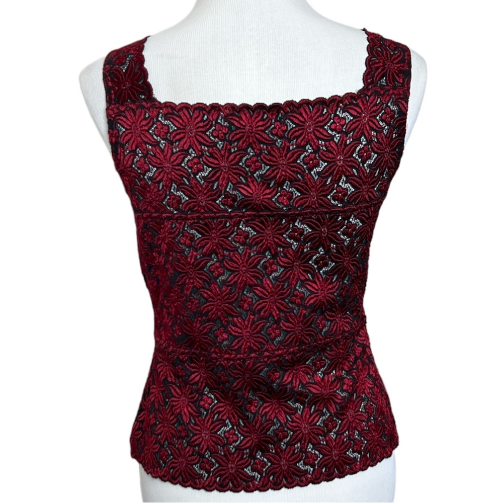 Karen Kane Embroidered Floral Tank Top Stretch Cami Red Black Medium